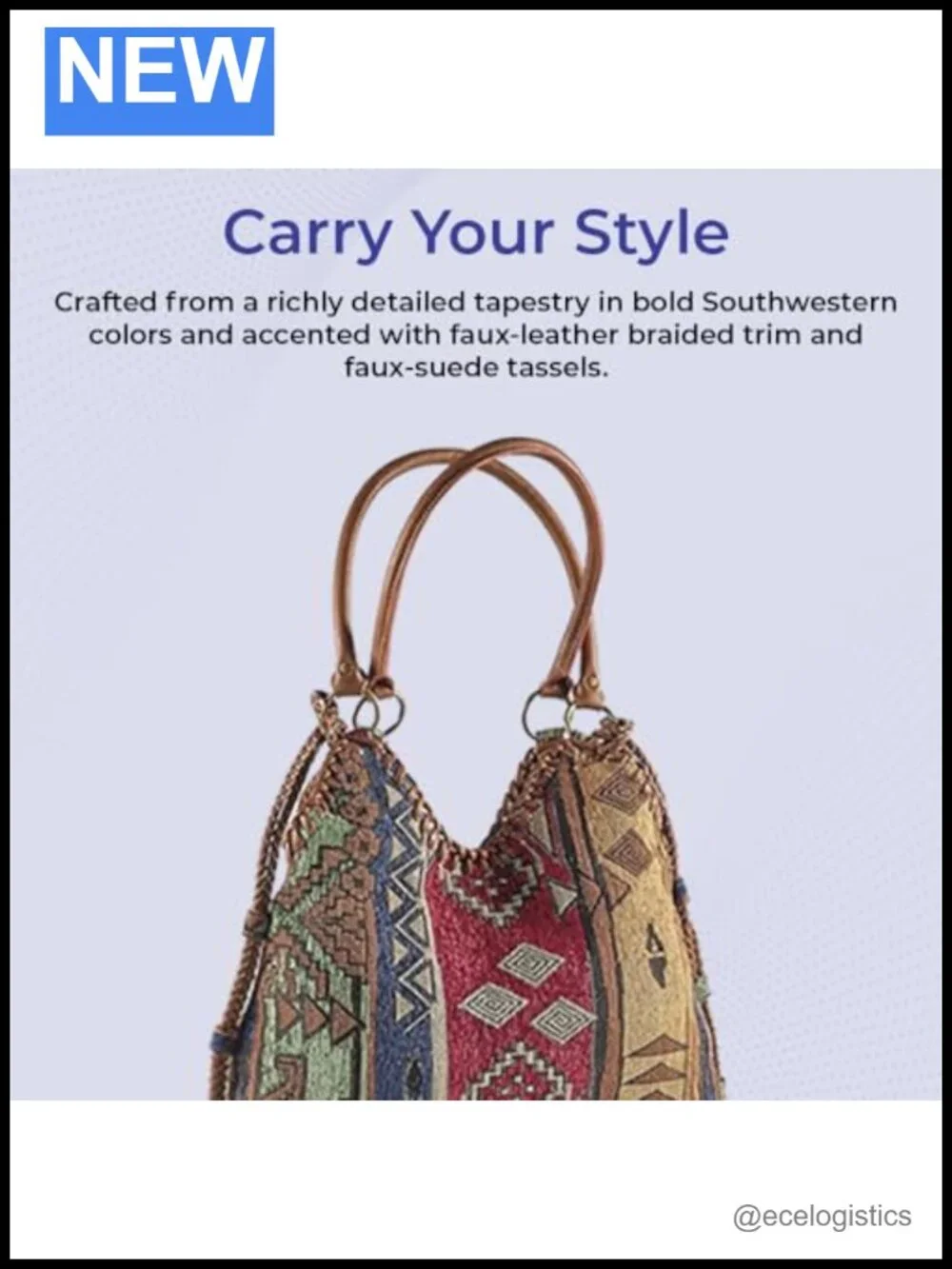 Tapestry Hobo Shoulder Bag Slouchy Purse with Faux Leather Trim and Tassels